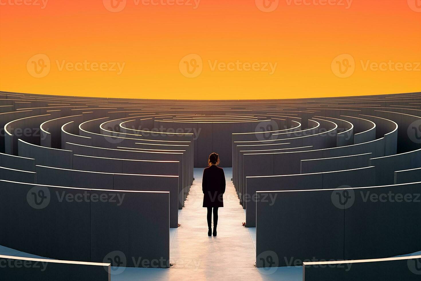 indietro Visualizza di donna d'affari in piedi nel davanti di un' grande labirinto labirinto con luminosa colore sfondo foto