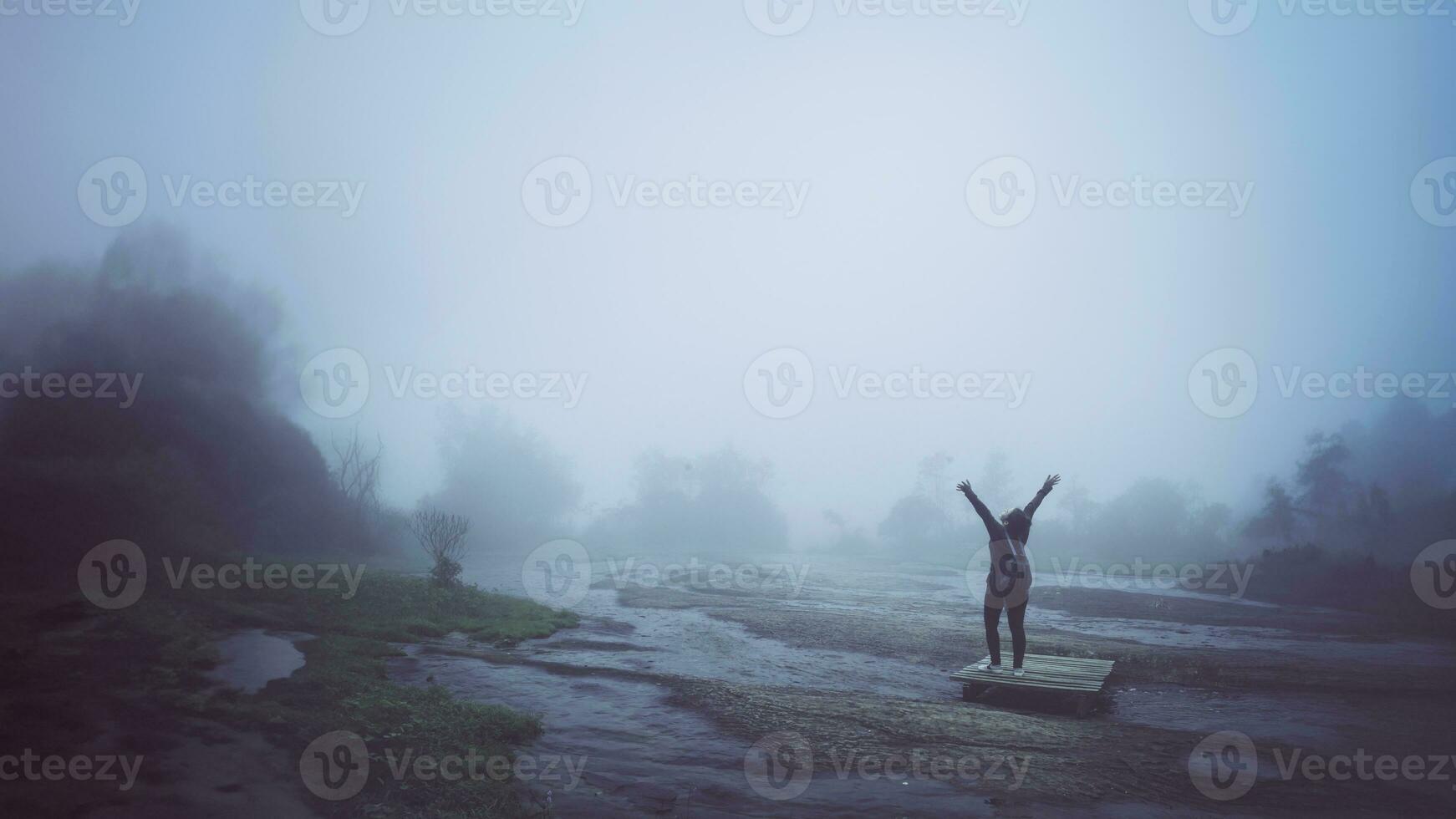 le donne vanno nella foresta naturale piena di nebbia nuvolosa foto