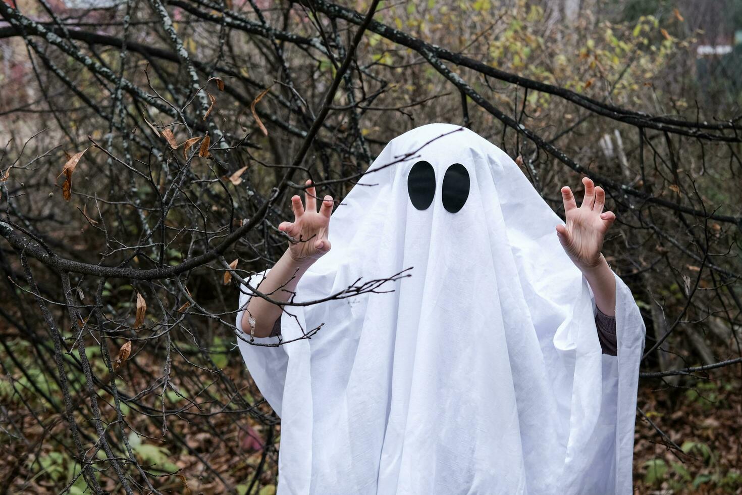 bambino vestito nel un' fantasma costume spaventa nel il buio foresta. il bambino è avendo divertimento su Halloween foto