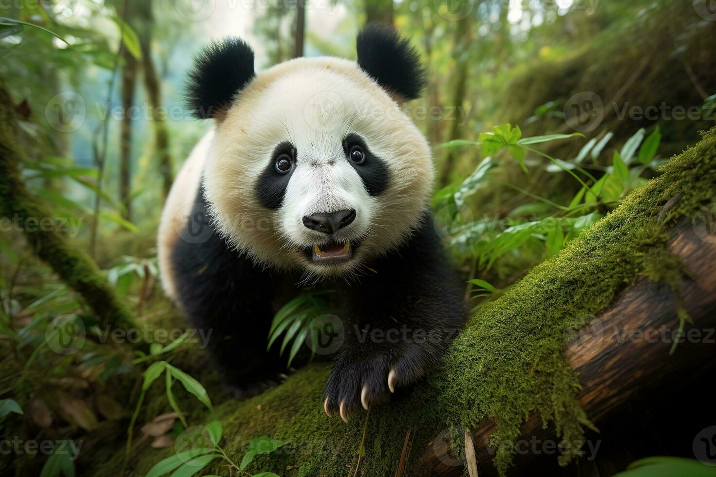 carino panda sembra a il telecamera a partire dal dietro a verde cespugli e alberi, generato ai foto