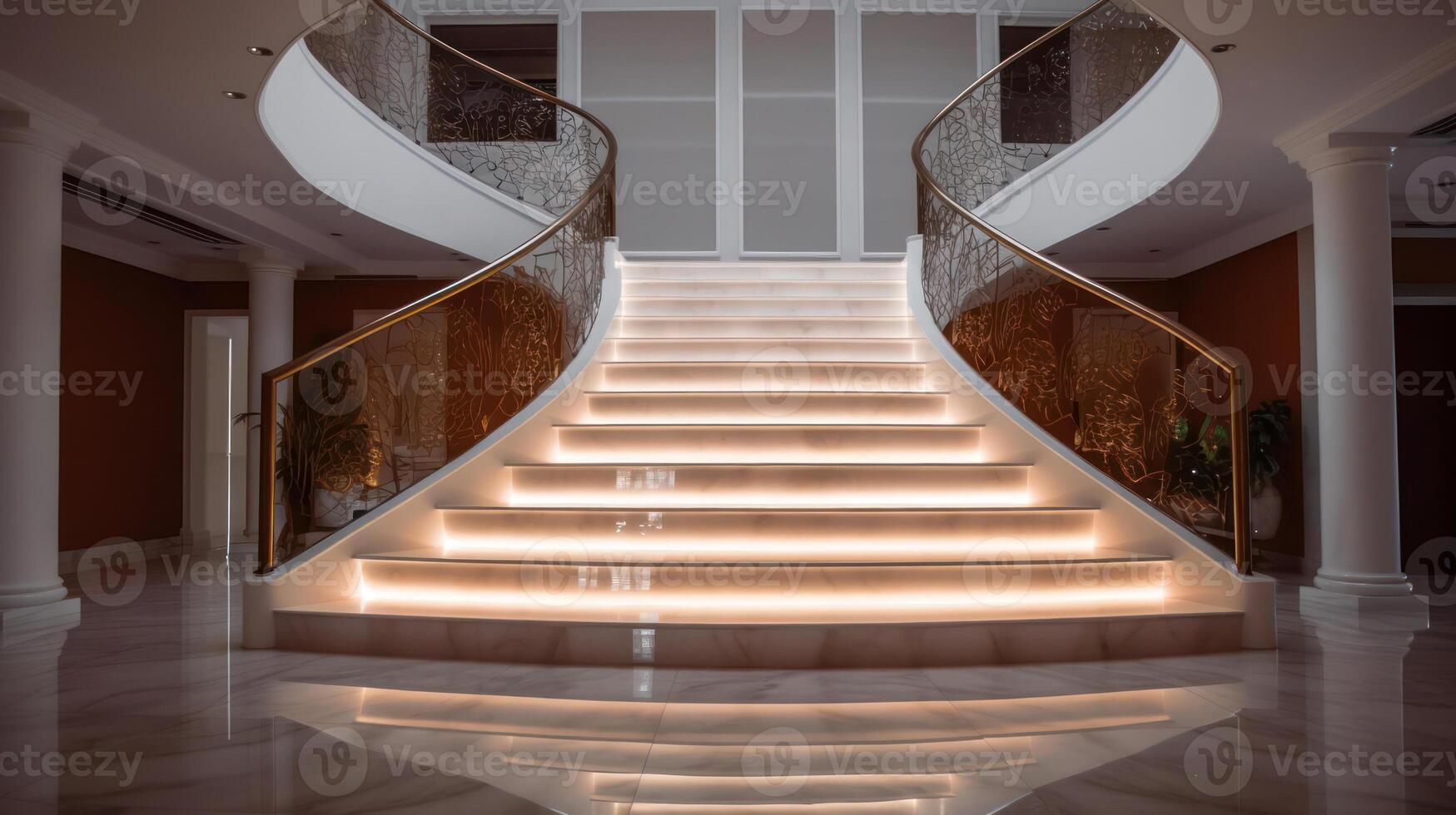 le scale con guidato illuminazione nel un' moderno interno. ai generato. foto