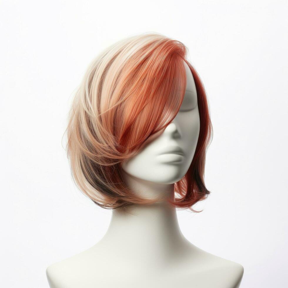 capelli parrucca al di sopra di il plastica indossatrice testa isolato al di sopra di il bianca sfondo, modello con contemporaneo donne acconciature, generativo ai illustrazione foto
