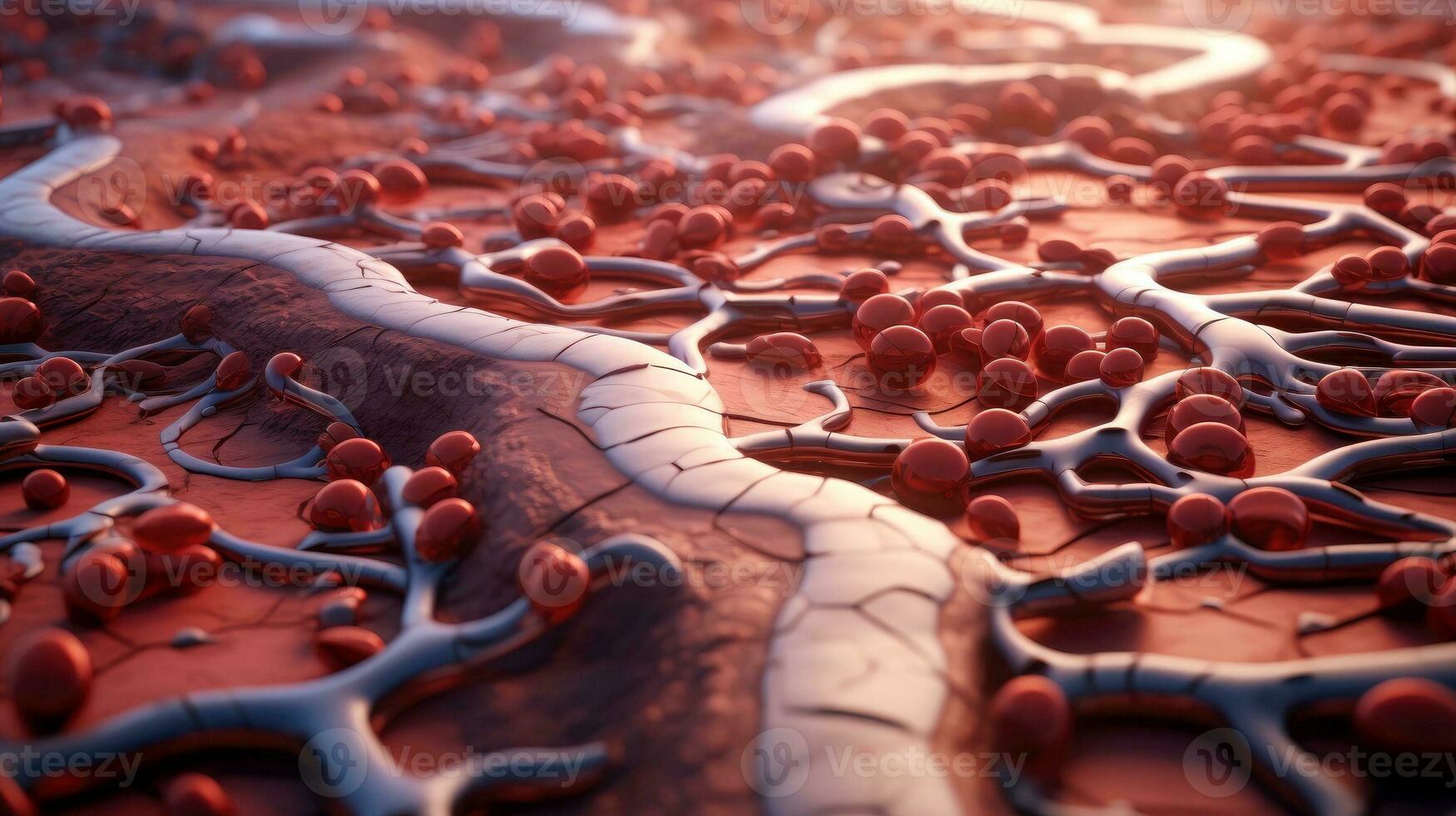 3d illustrazione modello di il umano organo sistemi, circolatorio, digestivo, rosso e bianca cellule del sangue con sfocato sfondo. medico formazione scolastica concetto, generativo ai illustrazione foto