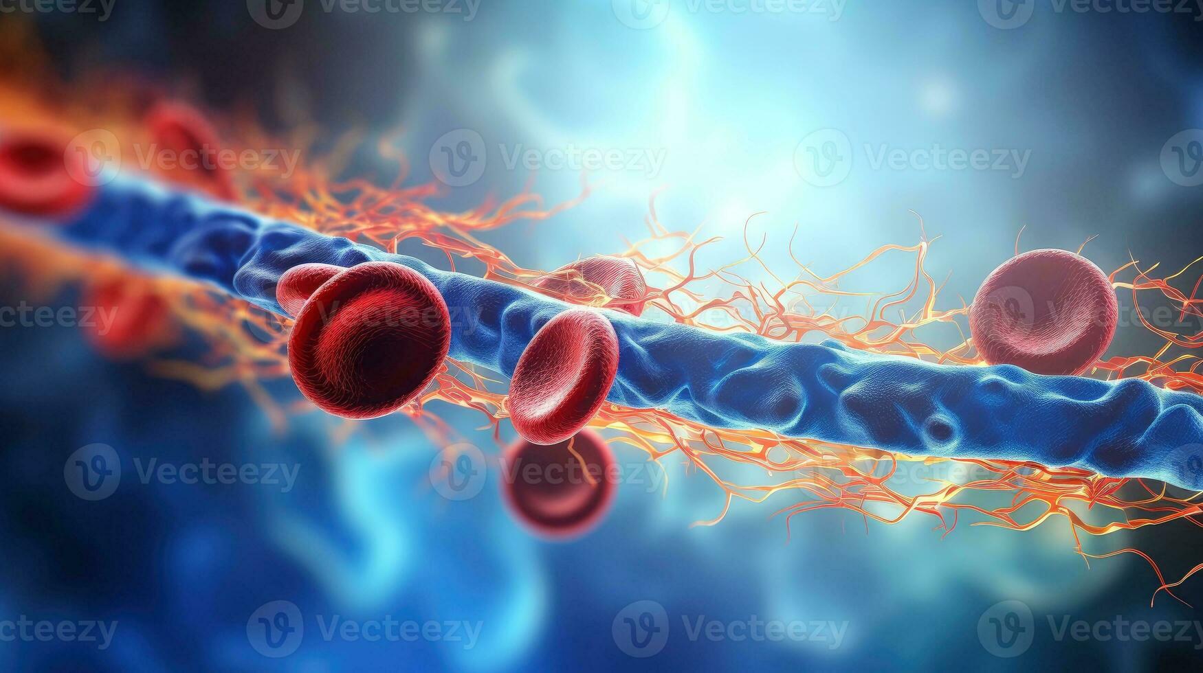 3d illustrazione modello di il umano organo sistemi, circolatorio, digestivo, rosso e bianca cellule del sangue con sfocato sfondo. medico formazione scolastica concetto, generativo ai illustrazione foto