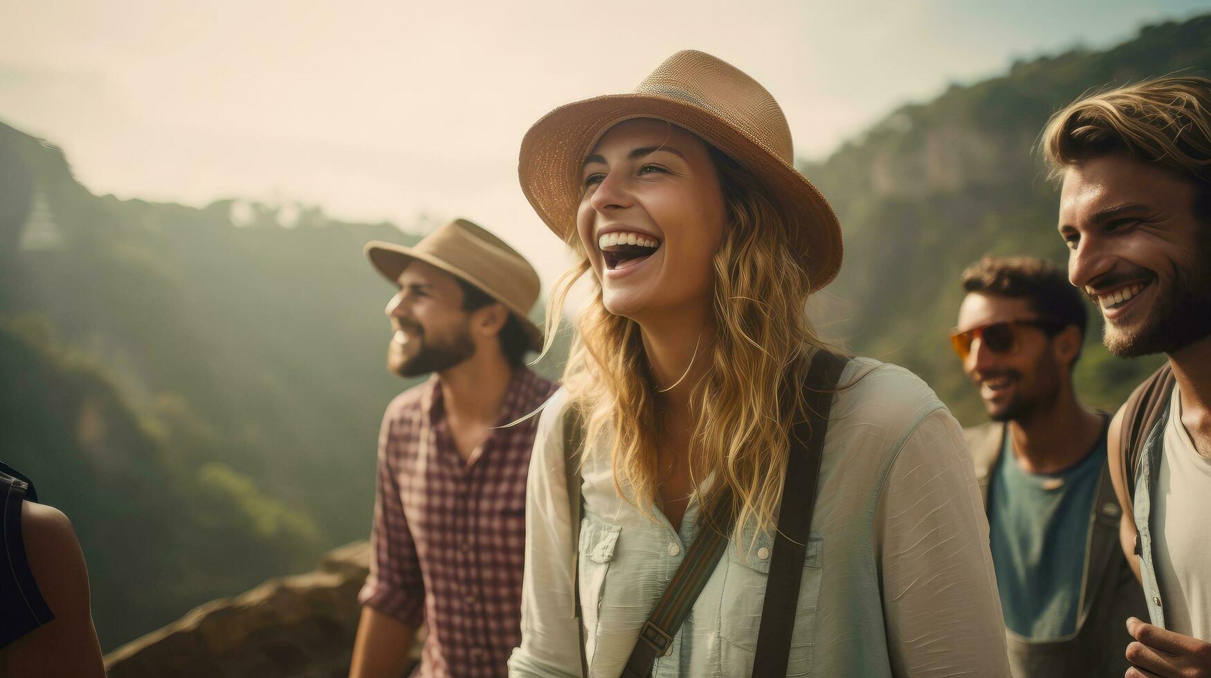 gruppo di contento amici e ridendo, turismo, viaggiare, persone condivisione bene e positivo umore, zaino campeggio escursioni a piedi viaggio viaggio trekking concetto, con sfocato sfondo, generativo ai illustrazione foto