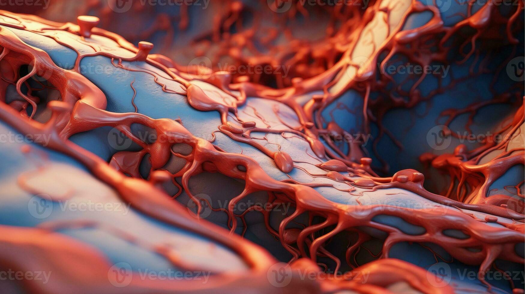 3d illustrazione modello di il umano organo sistemi, circolatorio, digestivo, rosso e bianca cellule del sangue con sfocato sfondo. medico formazione scolastica concetto, generativo ai illustrazione foto