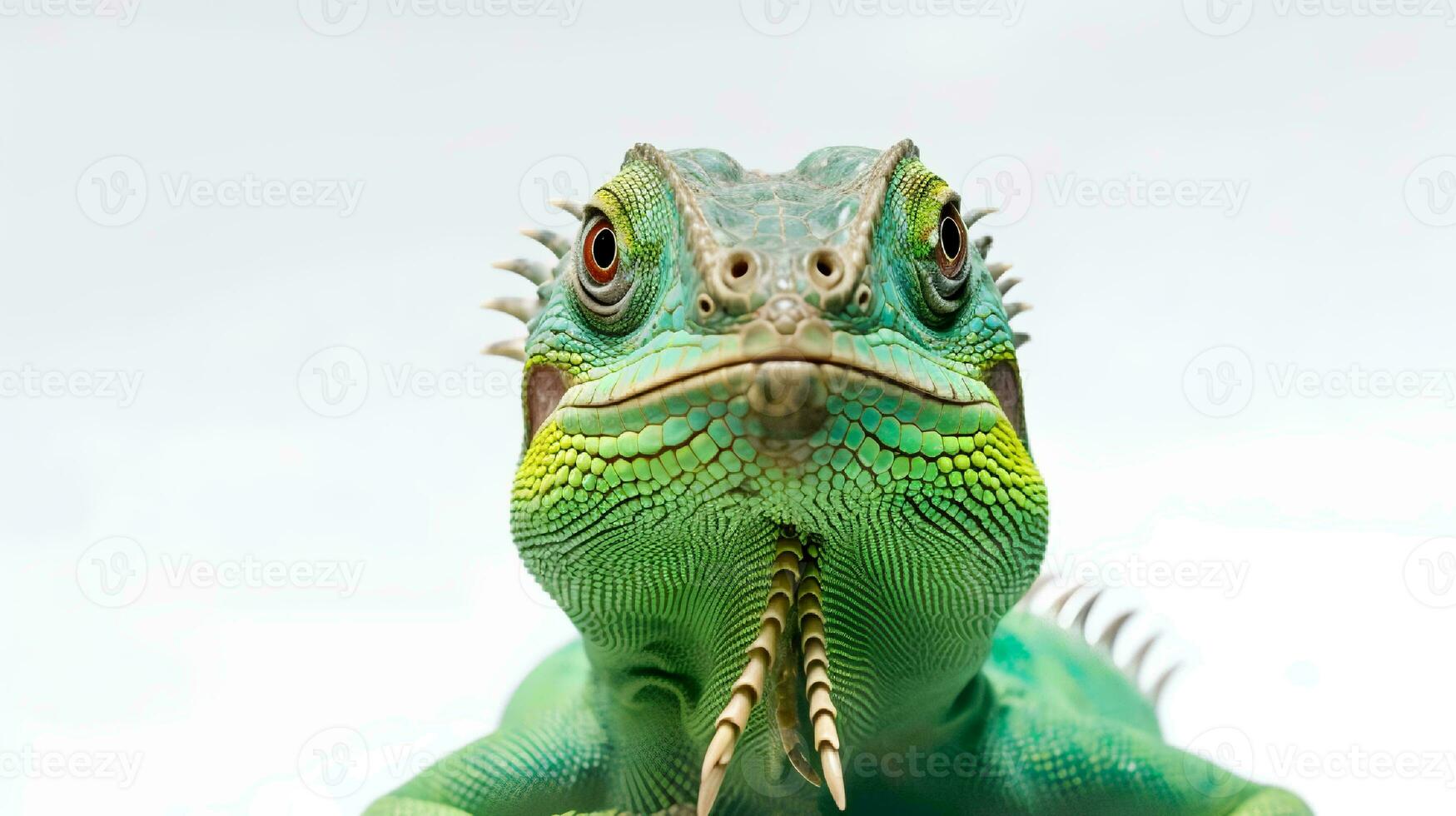 foto di un' verde iguana su bianca sfondo. generativo ai