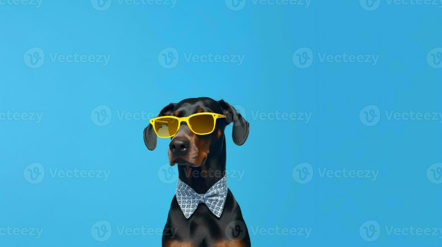 foto di altezzoso doberman utilizzando occhiali da sole e ufficio completo da uomo su bianca sfondo. generativo ai