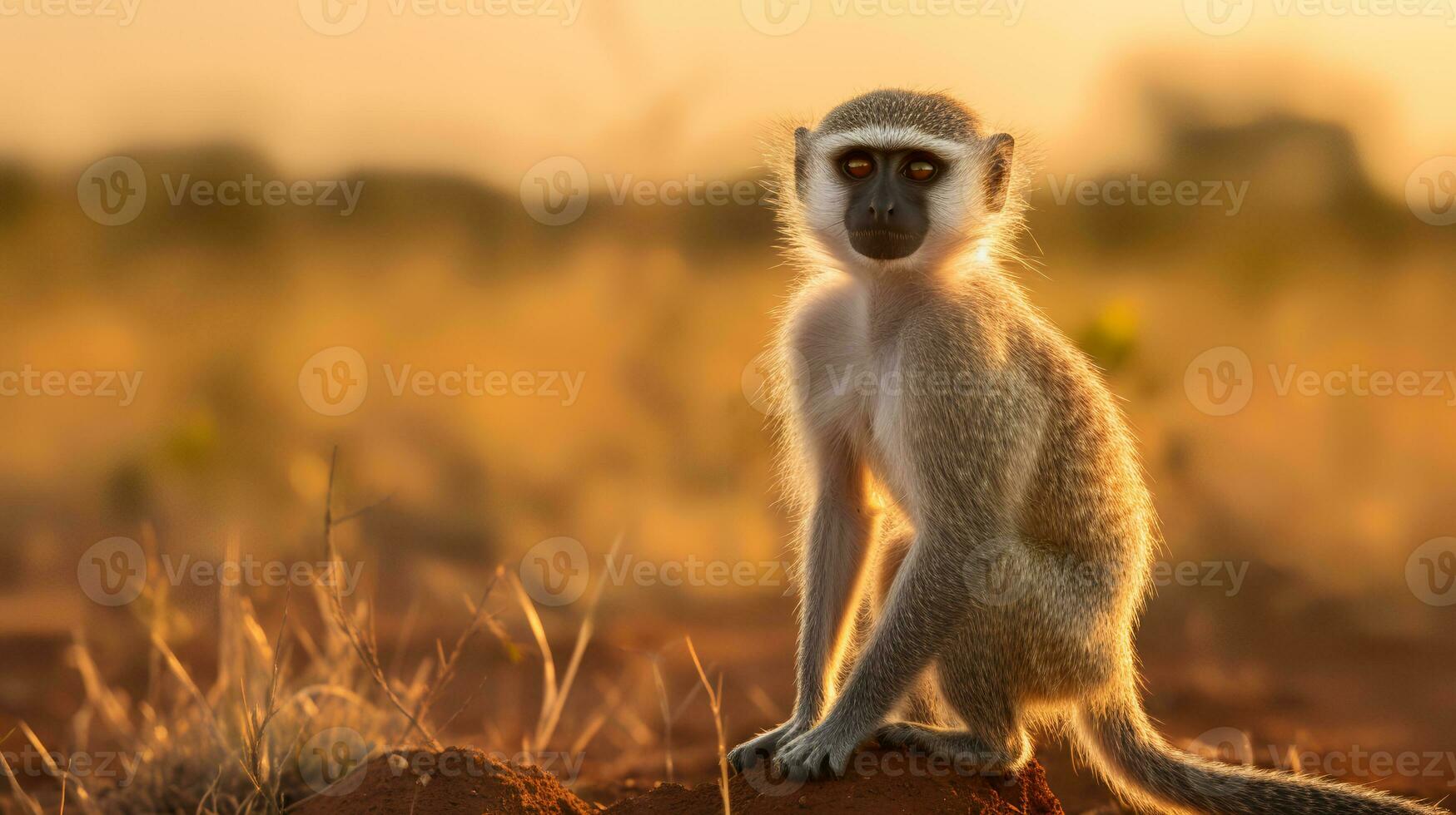 foto di vervet scimmia su savana a tramonto. generativo ai