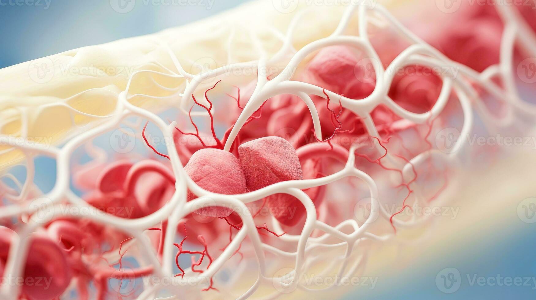 3d illustrazione modello di il umano organo sistemi, circolatorio, digestivo, rosso e bianca cellule del sangue con sfocato sfondo. medico formazione scolastica concetto, generativo ai illustrazione foto