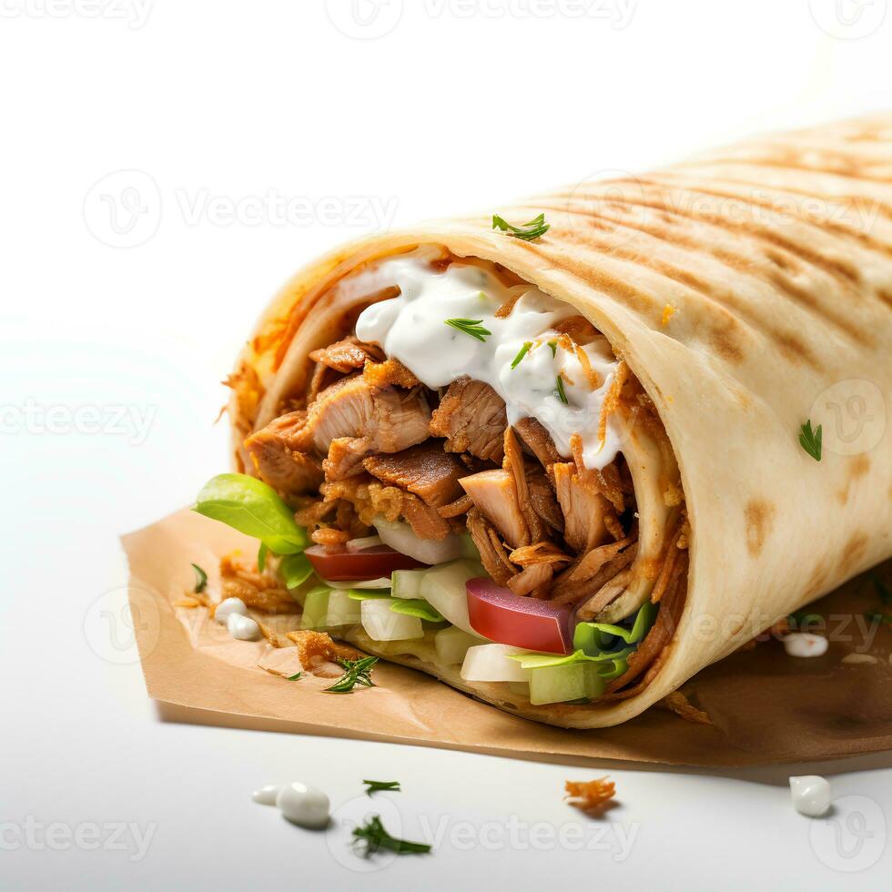 cibo fotografia di shawarma su di legno tavola isolato su bianca sfondo. generativo ai foto