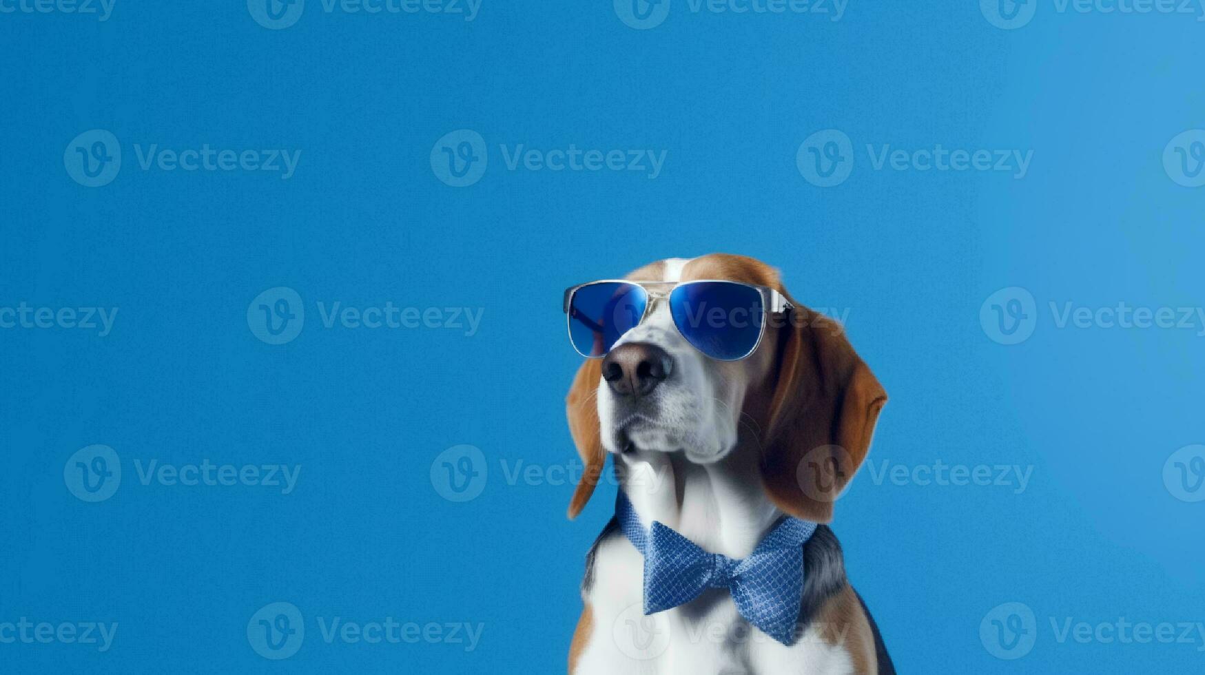 foto di altezzoso beagle utilizzando occhiali da sole e ufficio completo da uomo su bianca sfondo. generativo ai