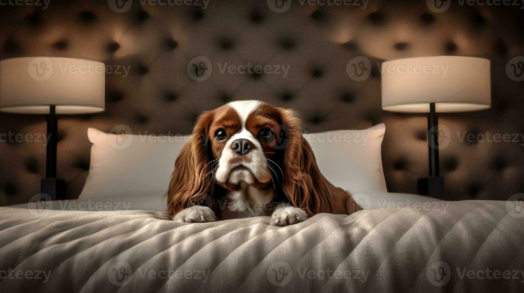 cavaliere cane dire bugie su letto nel Hotel con contemporaneo interno design. generativo ai foto