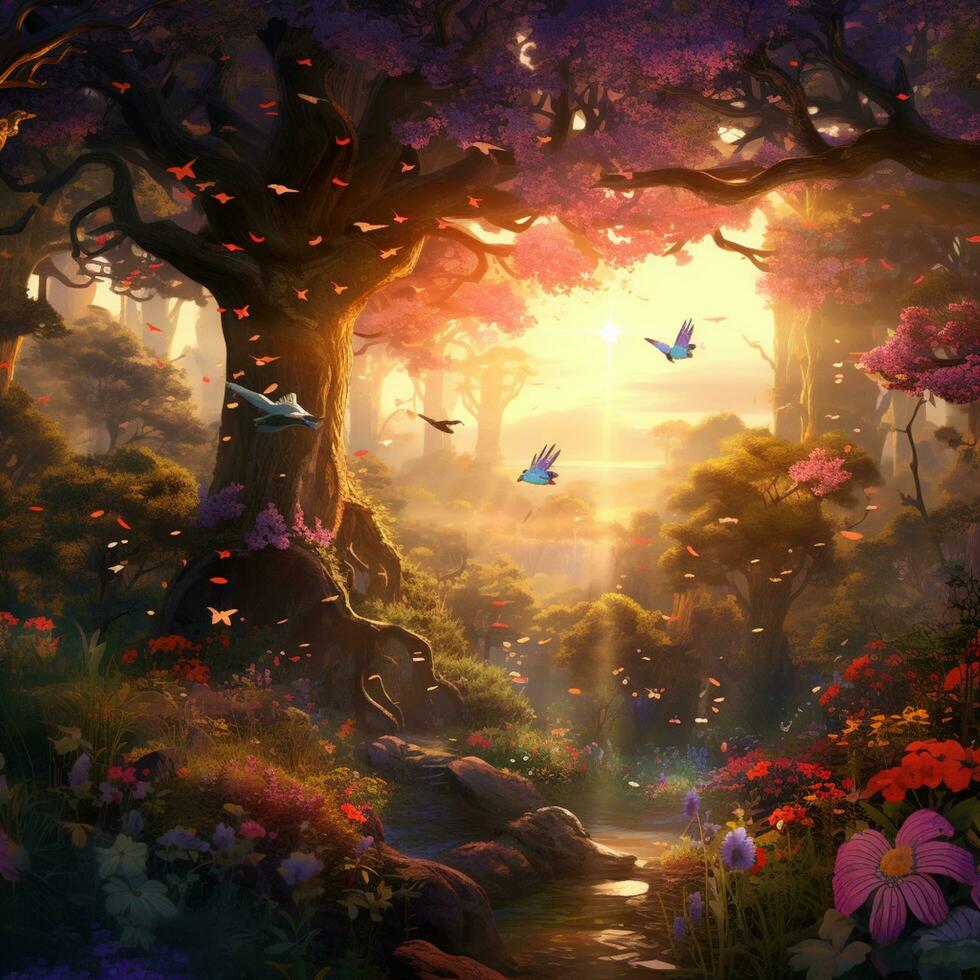 scenario Alba nel il foresta con fiore e farfalla foto