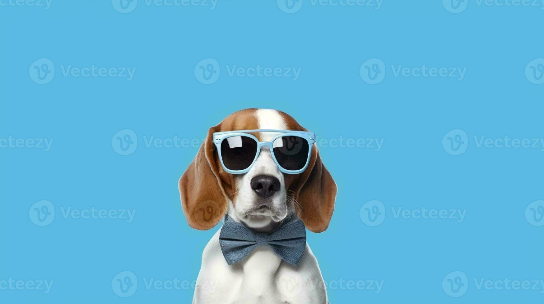 foto di altezzoso beagle utilizzando occhiali da sole e ufficio completo da uomo su bianca sfondo. generativo ai