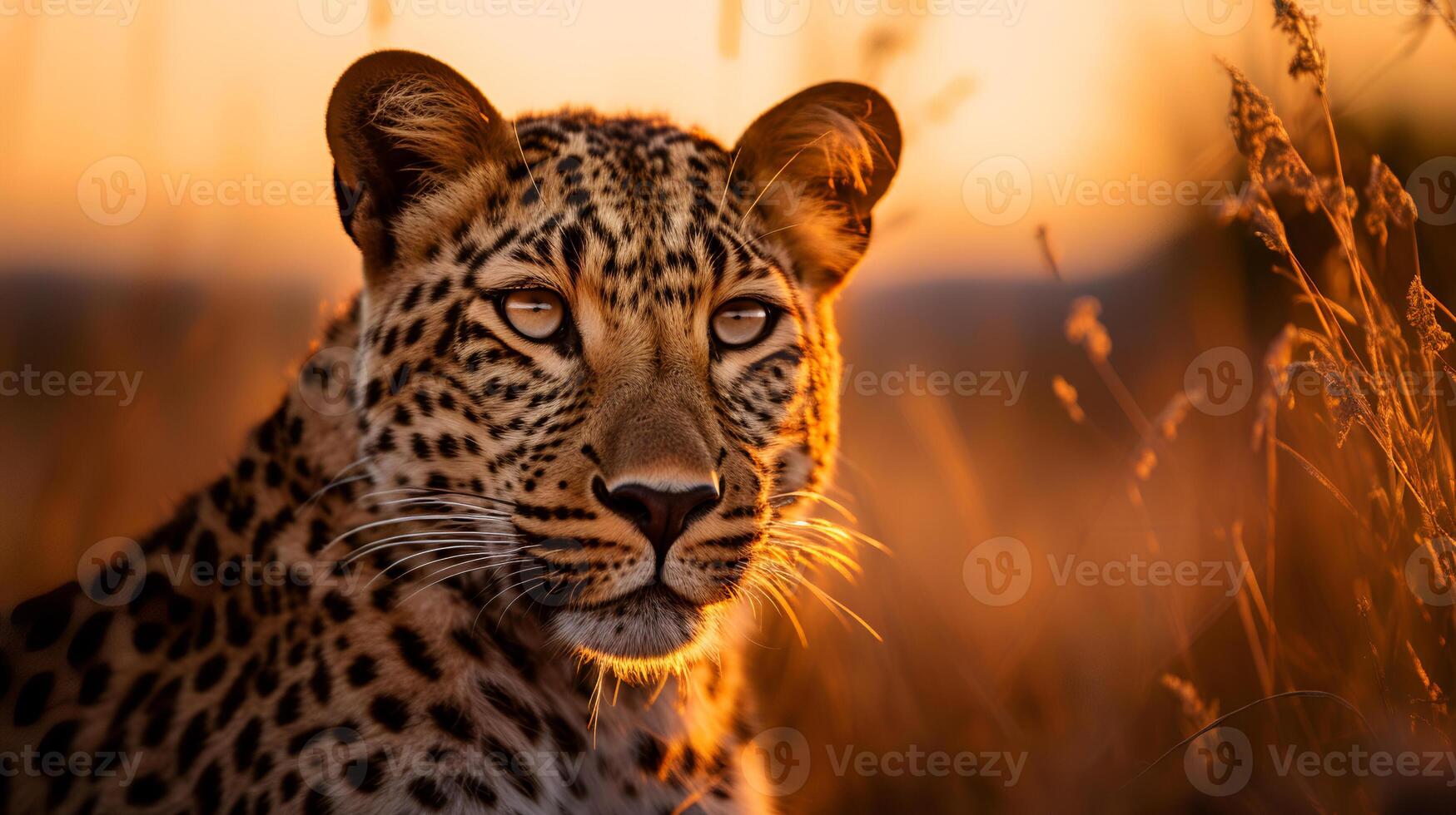 foto di leopardo su savana a tramonto. generativo ai