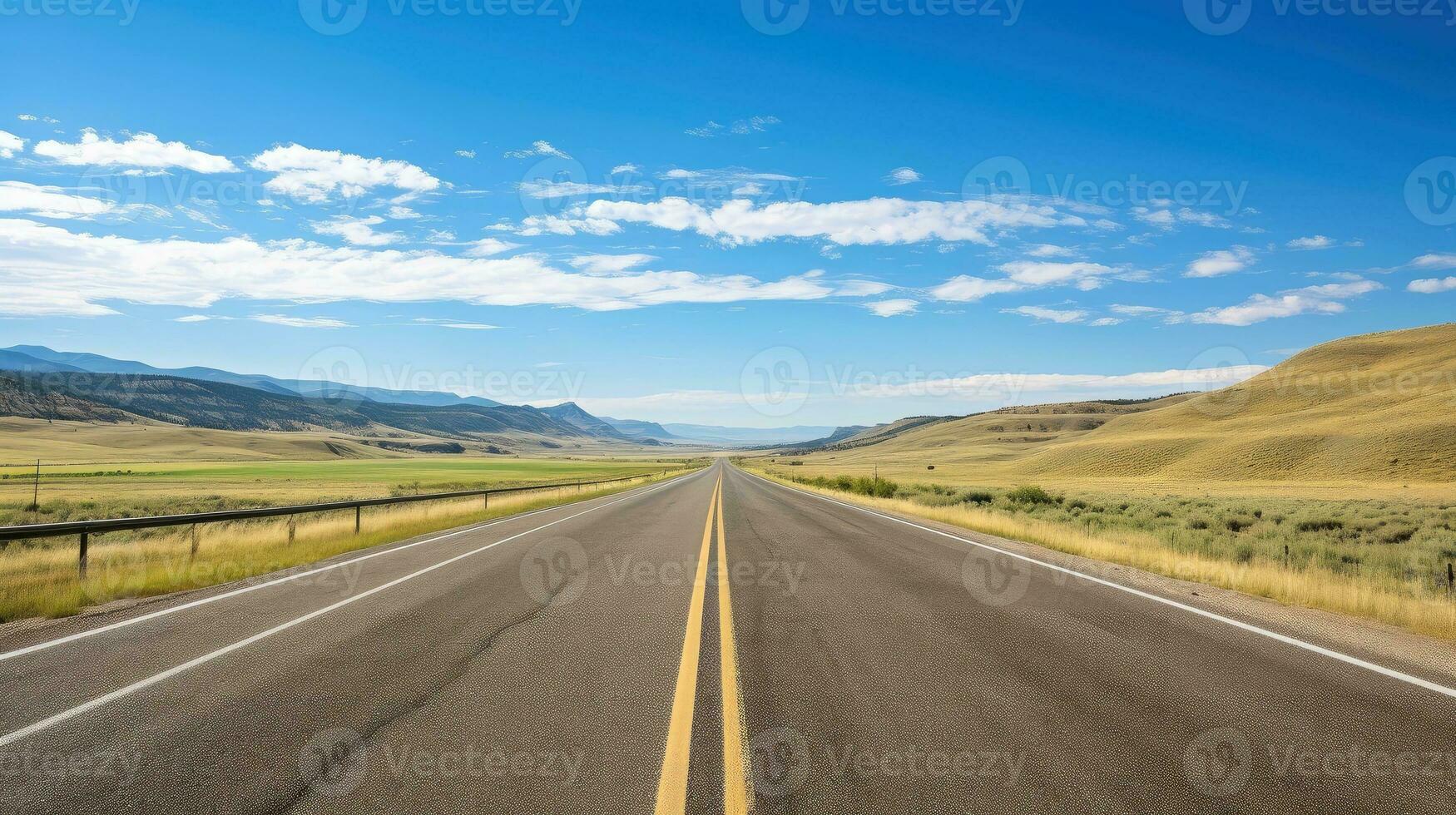 illustrazione Immagine di paesaggio con nazione strada, vuoto asfalto strada su blu nuvoloso cielo sfondo. multicolore vivace all'aperto orizzontale Immagine, generativo ai illustrazione foto