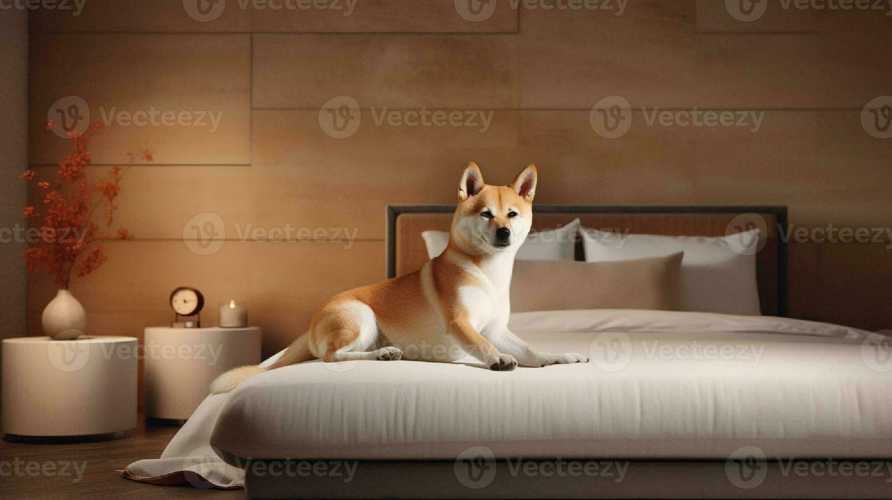 shiba inu cane dire bugie su letto nel Hotel con contemporaneo interno design. generativo ai foto