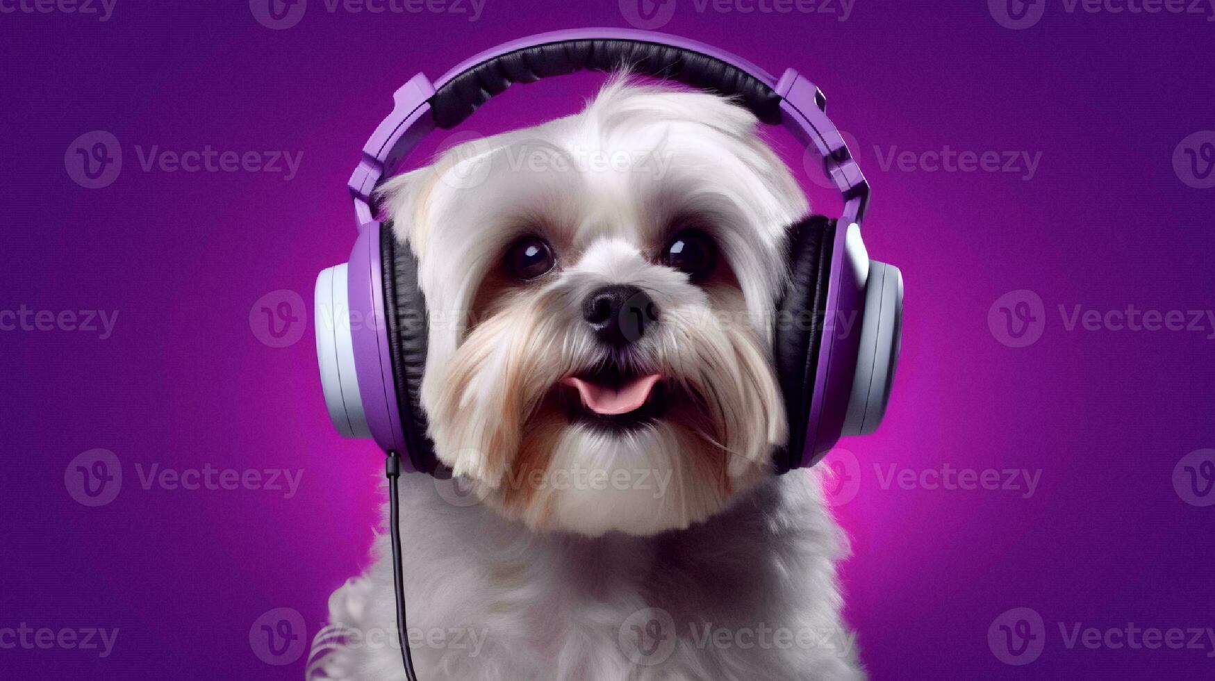 foto di lhasa apso utilizzando cuffie su viola sfondo. generativo ai