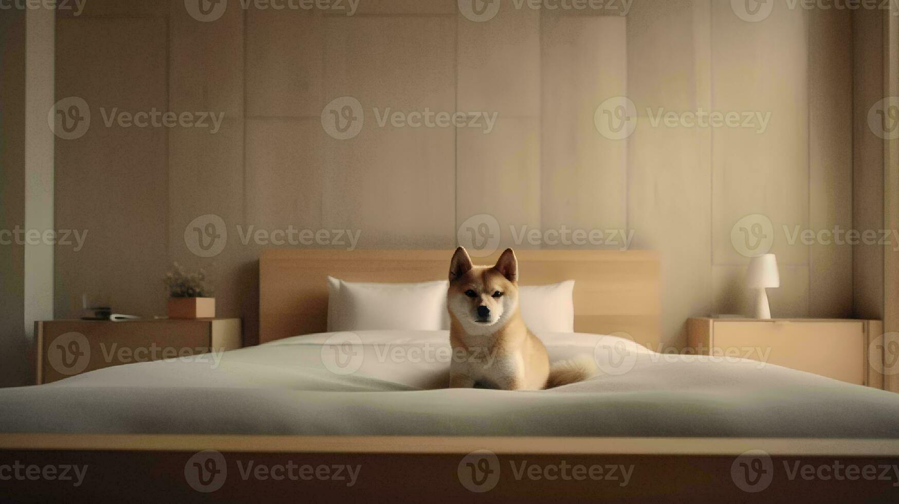 shiba inu cane dire bugie su letto nel Hotel con contemporaneo interno design. generativo ai foto