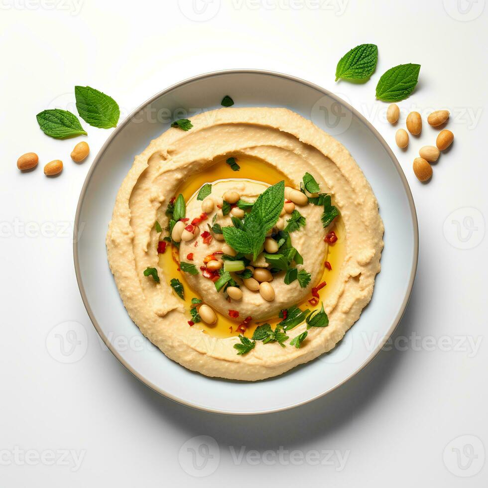foto di hummus su piatto isolato su bianca sfondo. creato di generativo ai
