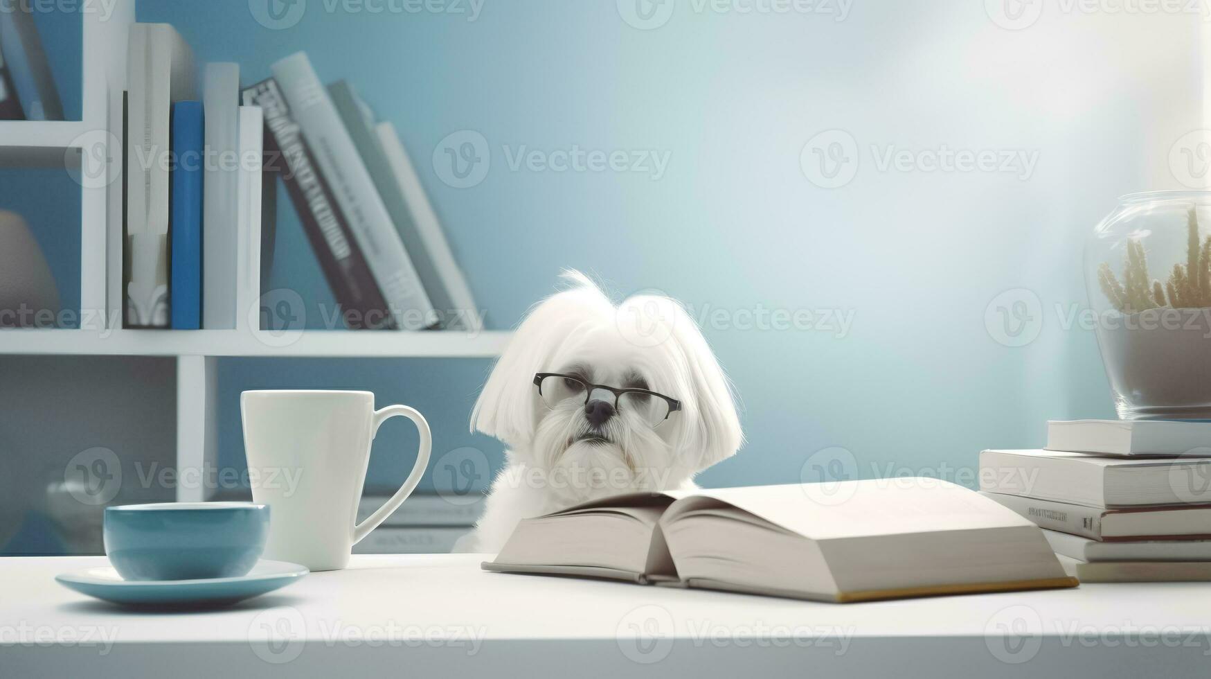 un' maltese cane nel un' maglione si siede studiando accompagnato di un' tazza e emorroidi di libri. generativo ai foto