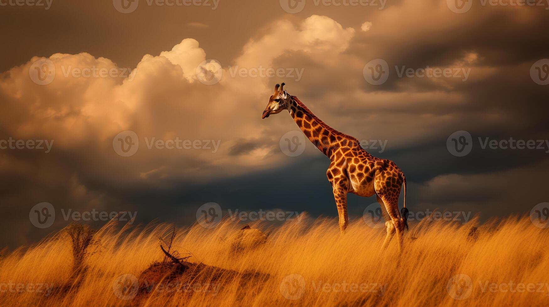 foto di giraffa su savana a tramonto. generativo ai