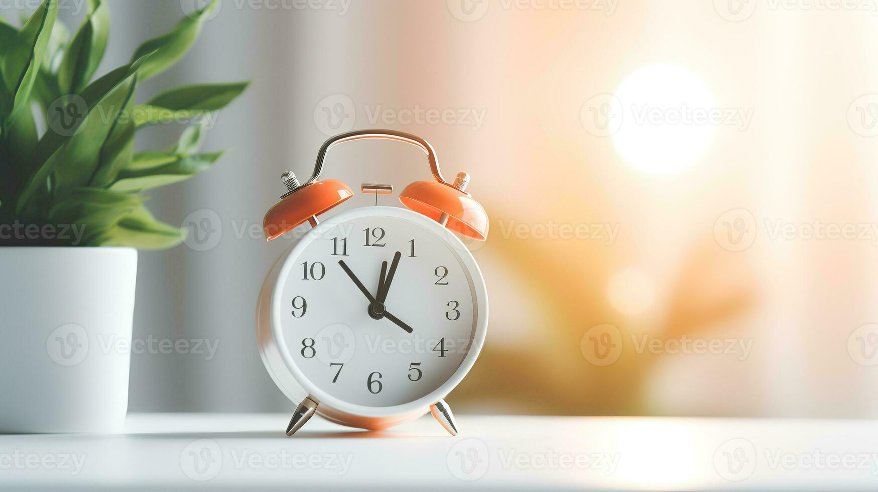 foto di minimalis allarme orologio su bianca tavolo isolato su sfocato sfondo