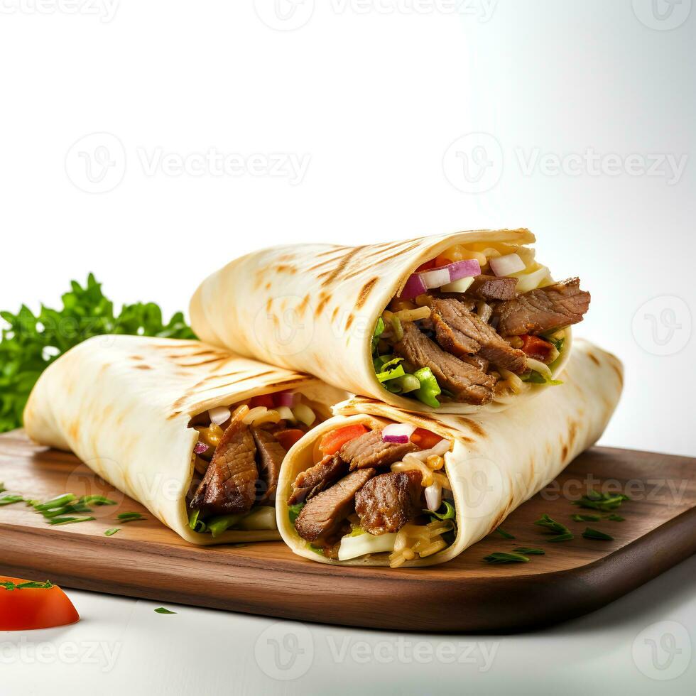 cibo fotografia di shawarma su di legno tavola isolato su bianca sfondo. generativo ai foto
