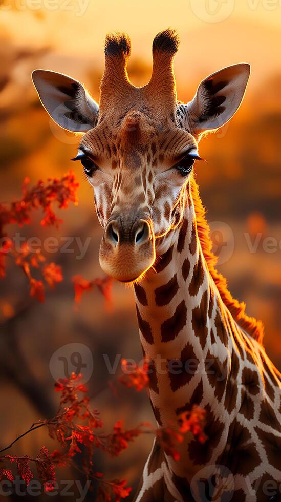 vicino su foto di giraffa su savana a tramonto. generativo ai