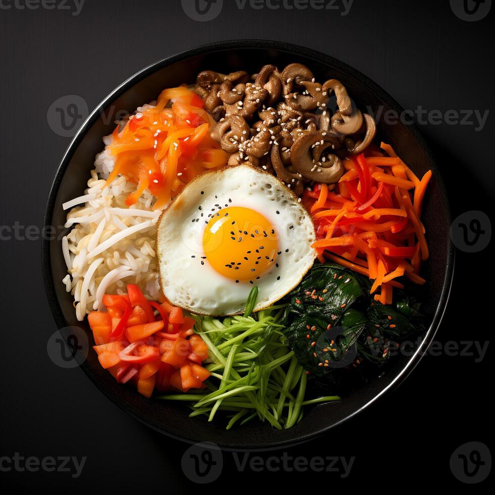 foto di bibimbap su buio ciotola isolato su nero sfondo. creato di generativo ai