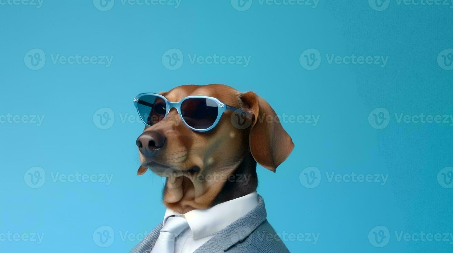 foto di altezzoso bassotto utilizzando occhiali da sole e ufficio completo da uomo su bianca sfondo. generativo ai