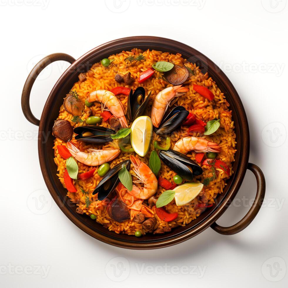 cibo fotografia di paella su piatto isolato su bianca sfondo. generativo ai foto