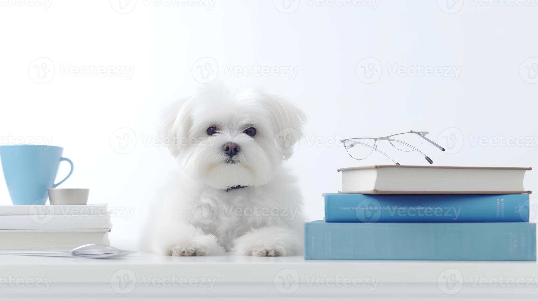 un' maltese cane nel un' maglione si siede studiando accompagnato di un' tazza e emorroidi di libri. generativo ai foto