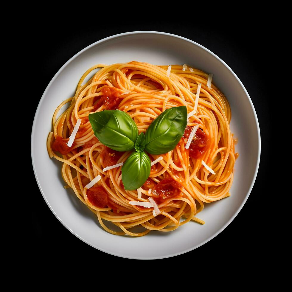 cibo fotografia di spaghetti su piatto isolato su nero sfondo. generativo ai foto