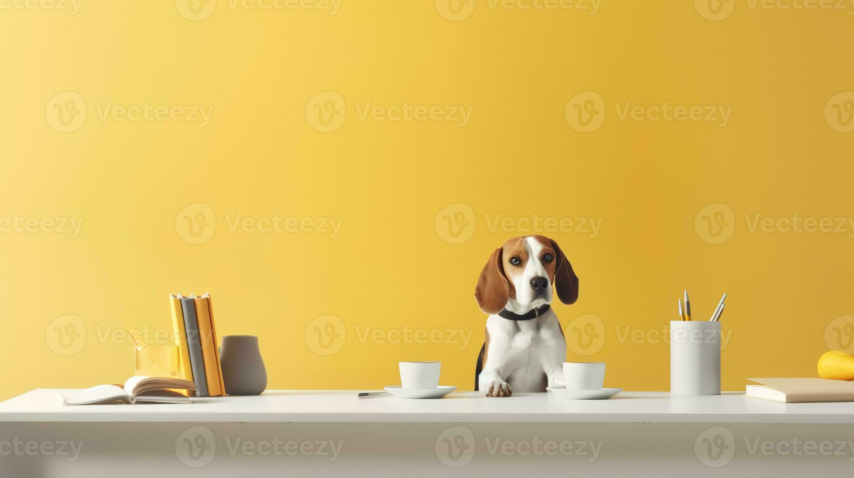 un' beagle cane nel un' giallo Abiti si siede studiando accompagnato di un' tazza e emorroidi di libri. generativo ai foto
