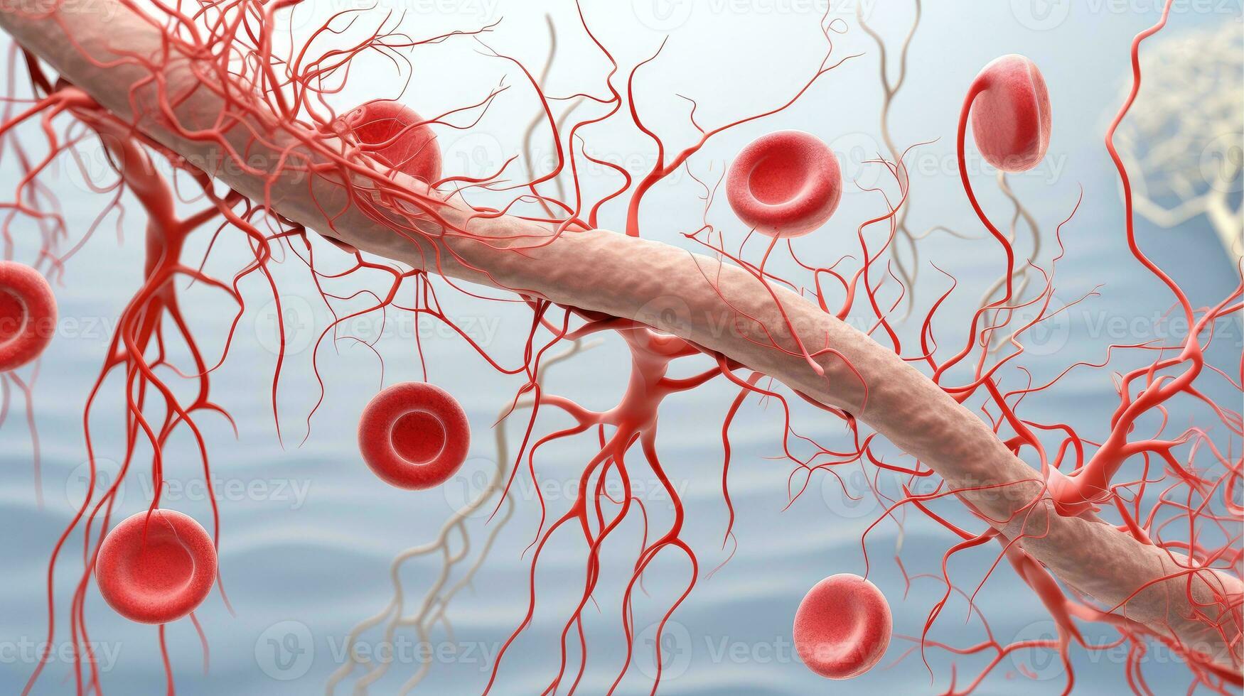 3d illustrazione modello di il umano organo sistemi, circolatorio, digestivo, rosso e bianca cellule del sangue con sfocato sfondo. medico formazione scolastica concetto, generativo ai illustrazione foto