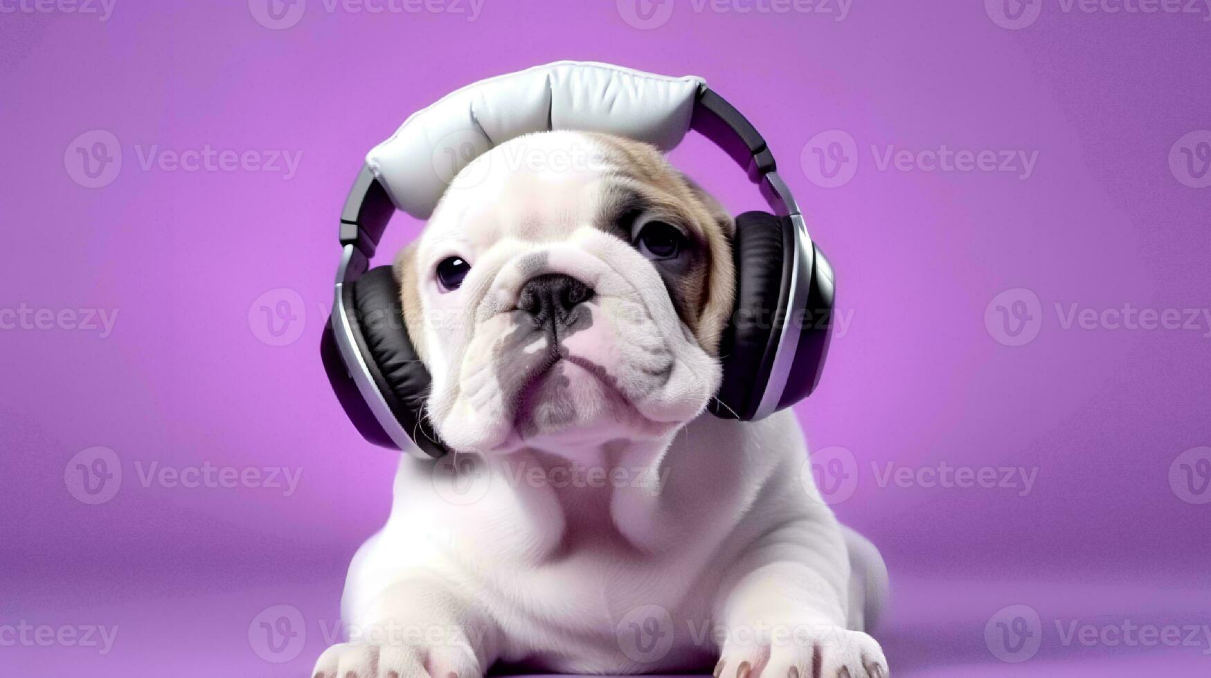 foto di bulldog utilizzando cuffie su viola sfondo. generativo ai