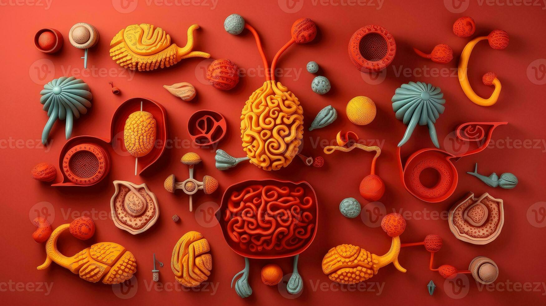 3d illustrazione di il umano organo sistemi, umano interno organi. anatomia. nervoso, circolatorio, digestivo, escretore, urinario e osso sistemi. medico formazione scolastica concetto, generativo ai illustrazione foto