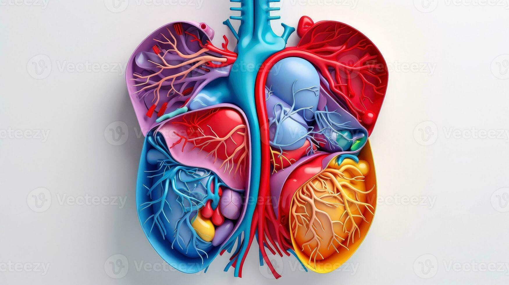 3d illustrazione di il umano organo sistemi, umano interno organi. anatomia. nervoso, circolatorio, digestivo, escretore, urinario e osso sistemi. medico formazione scolastica concetto, generativo ai illustrazione foto