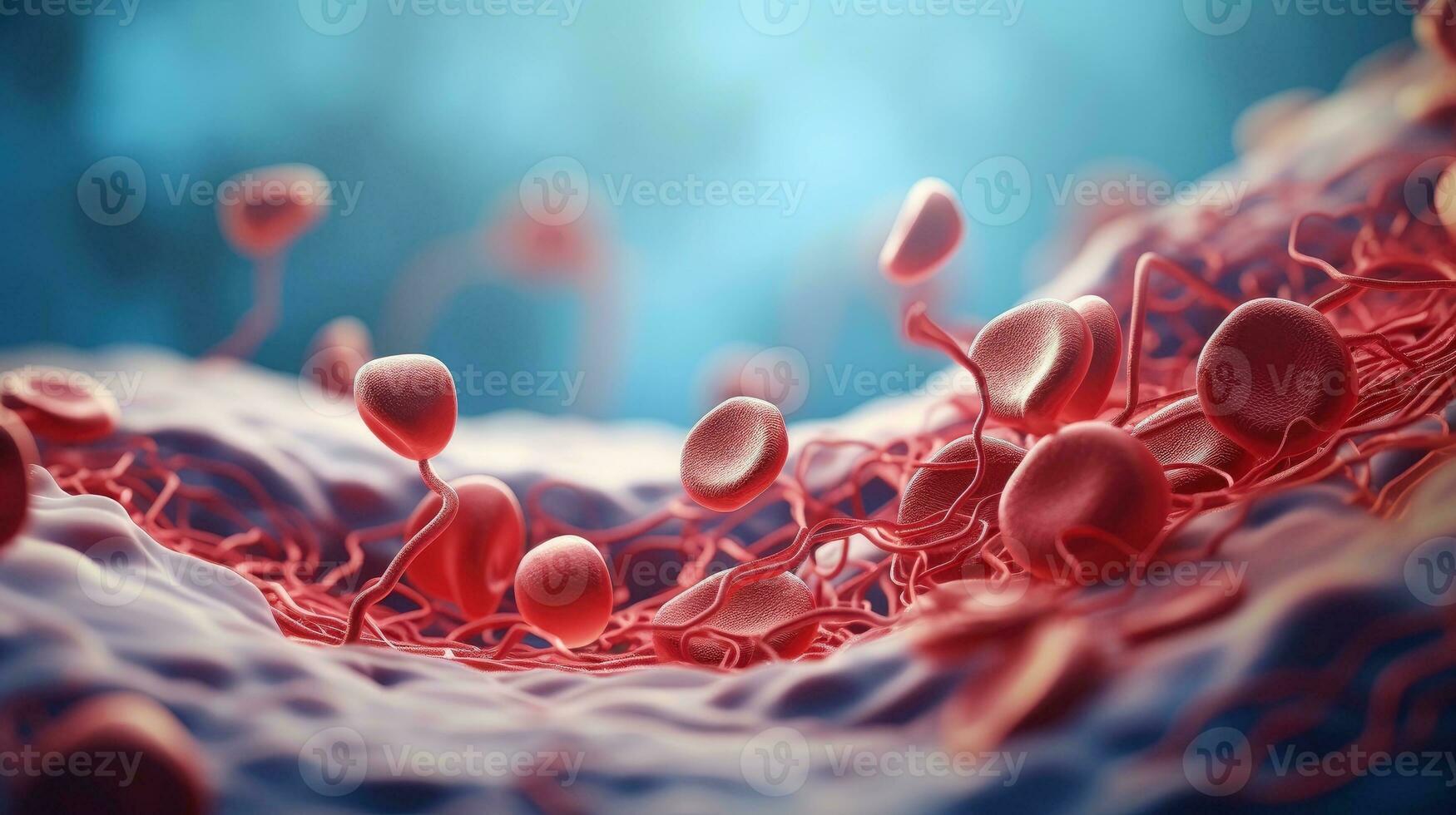 3d illustrazione modello di il umano organo sistemi, circolatorio, digestivo, rosso e bianca cellule del sangue con sfocato sfondo. medico formazione scolastica concetto, generativo ai illustrazione foto