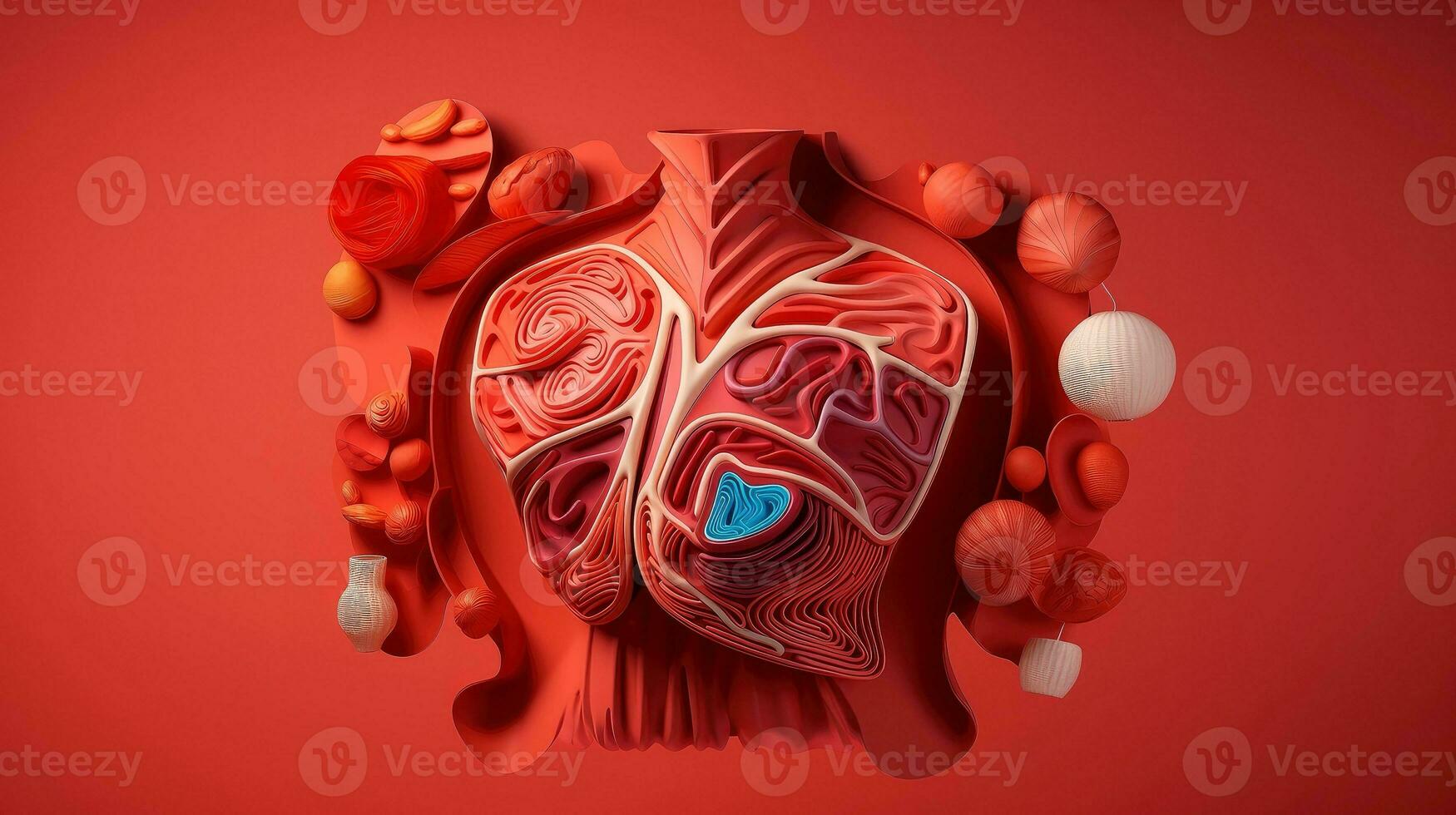 3d illustrazione di il umano organo sistemi, umano interno organi. anatomia. nervoso, circolatorio, digestivo, escretore, urinario e osso sistemi. medico formazione scolastica concetto, generativo ai illustrazione foto