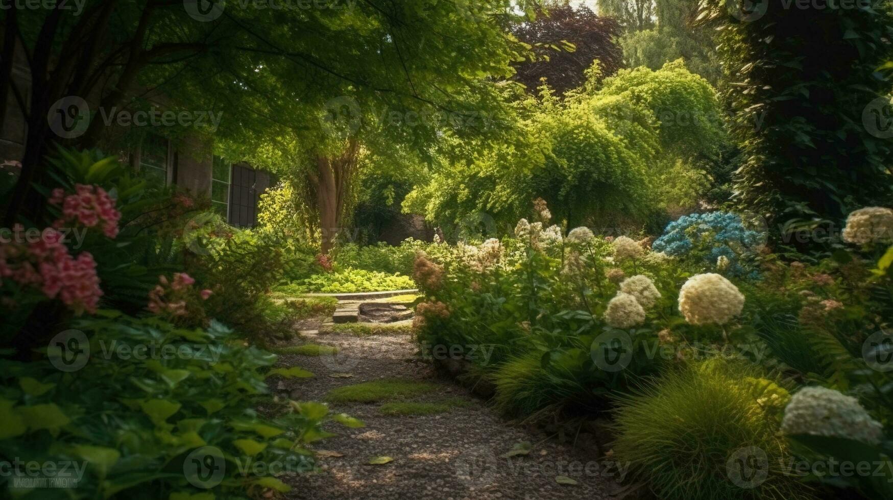 generativo ai, bellissimo estate privato giardino con molti fiori e impianti, natura paesaggio, inglese campagna Villetta stile foto