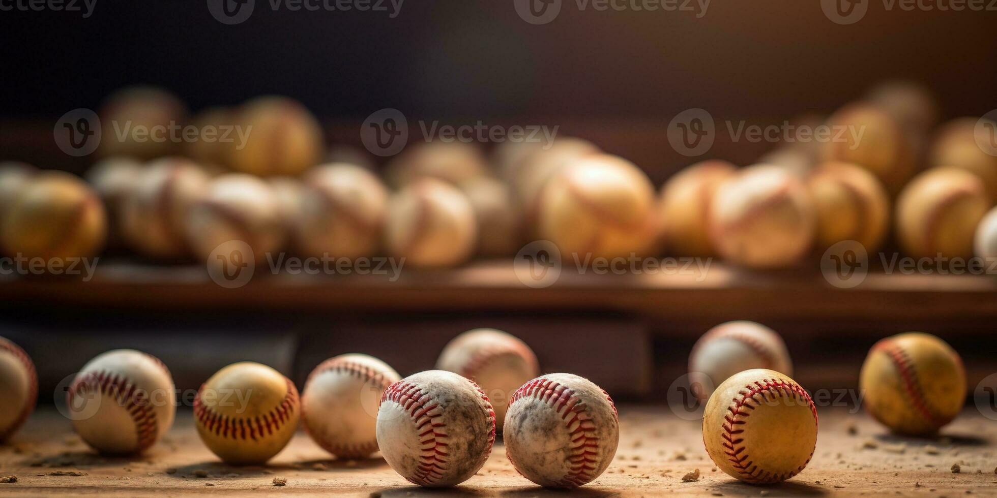 generativo ai, ruvido e aspro struttura di vecchio baseball palle vicino su su Vintage ▾ sfondo foto