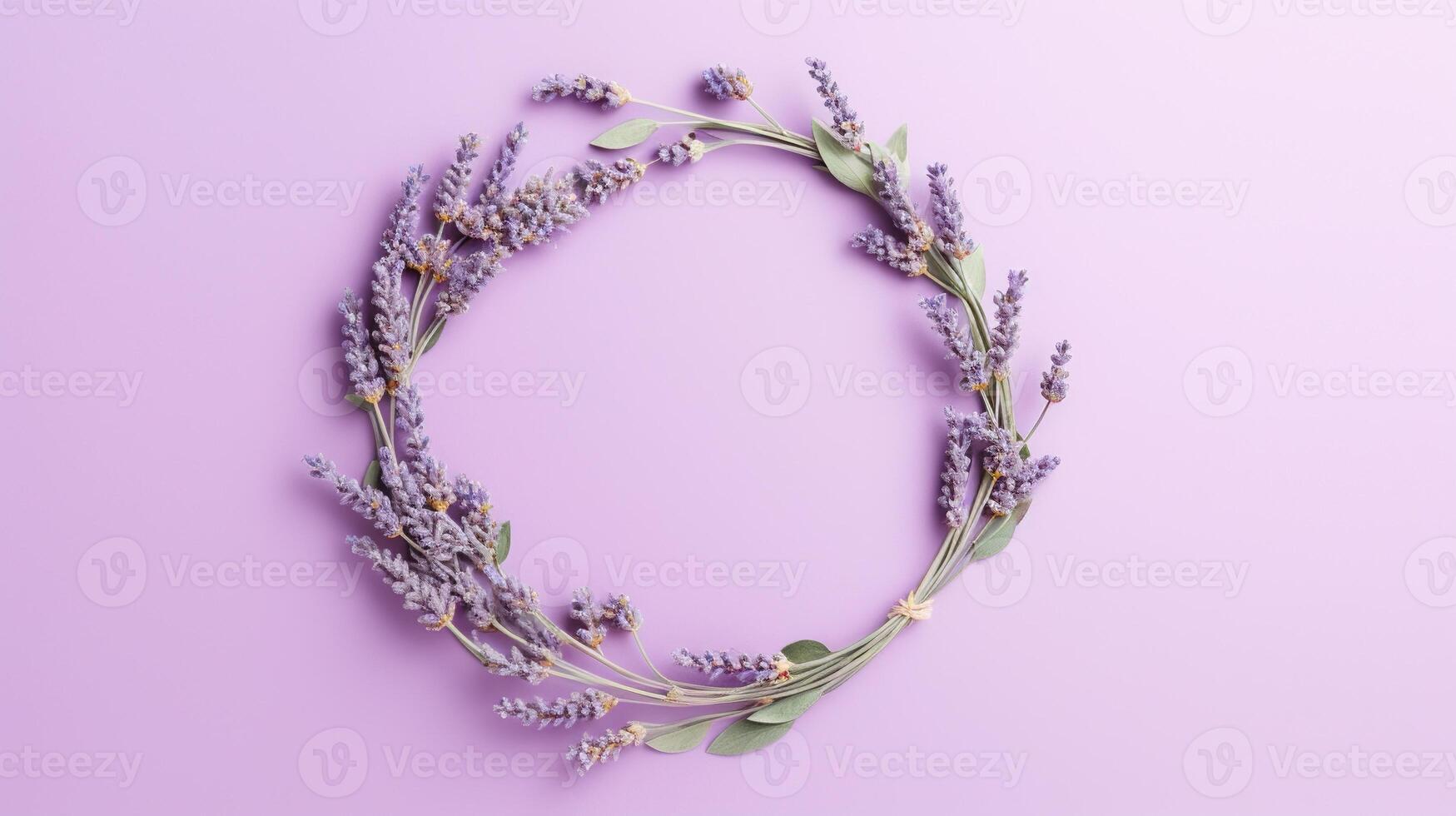 generativo ai, ghirlanda di lavanda rami fiori con copia spazio, naturale biologico floreale telaio viola sfondo foto