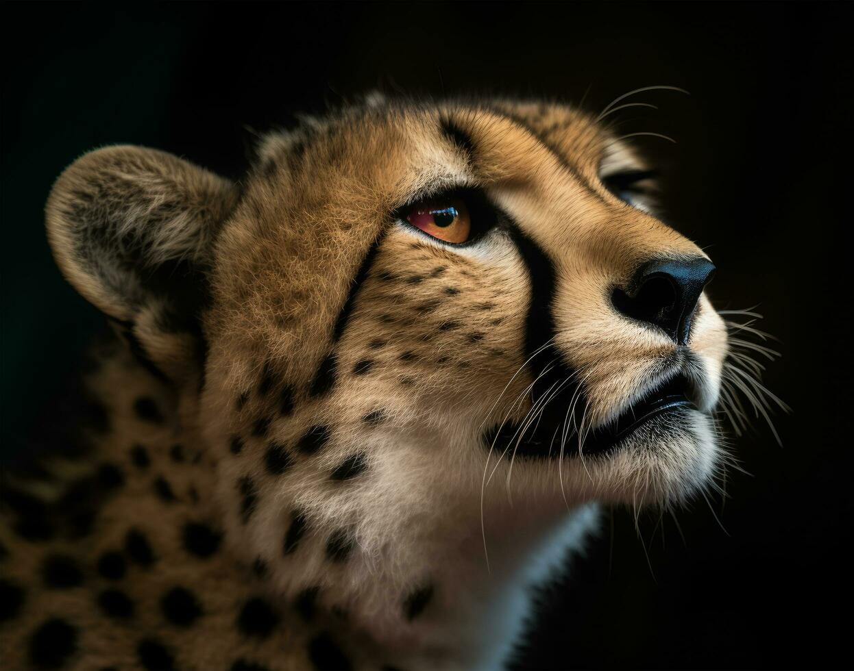 vicino su dettagliato ritratto di leopardo viso. generativo ai foto