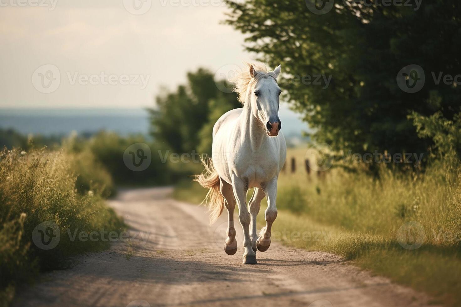 bianca cavallo in esecuzione in esecuzione lungo un' sabbioso strada su estate tramonto sfondo, creato con generativo ai tecnologia foto