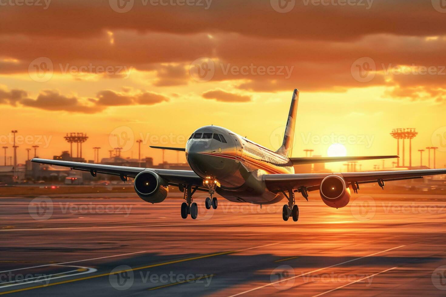 atterraggio un' aereo contro un' d'oro cielo a tramonto. passeggeri aereo volante su nel tramonto luce. il concetto di veloce viaggiare, ricreazione e attività commerciale. generativo ai foto