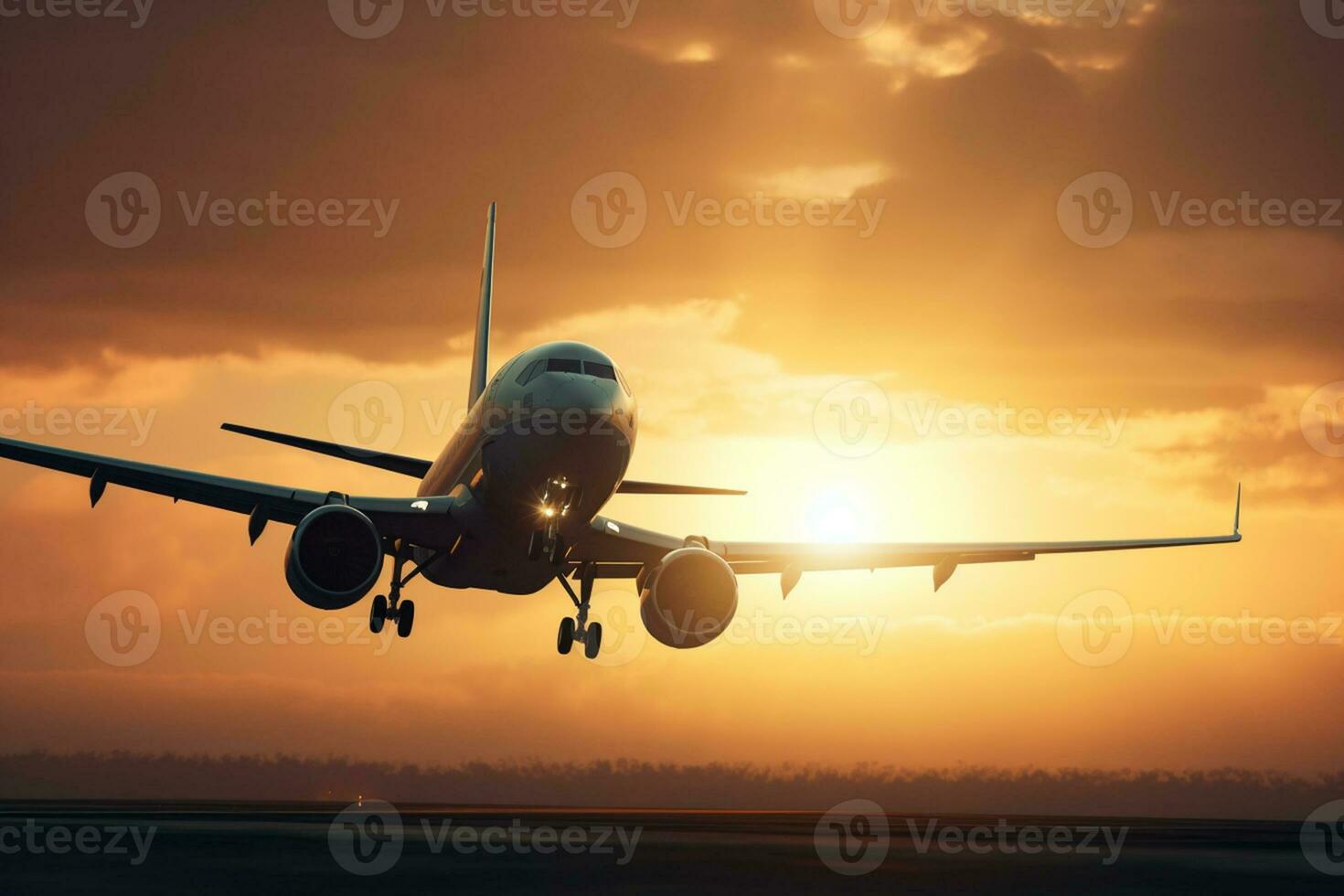 atterraggio un' aereo contro un' colorato cielo a tramonto. passeggeri aereo volante su al di sopra di il nuvole nel il tramonto luce. il concetto di veloce viaggiare, ricreazione e attività commerciale. generativo ai foto
