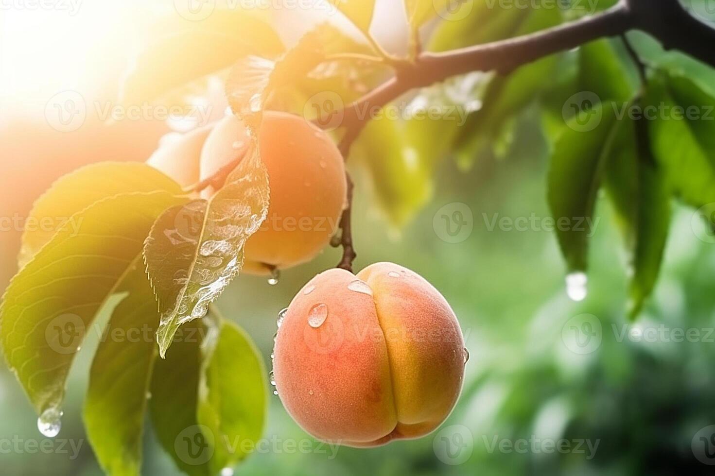 fresco Pesche con gocce di acqua. naturale frutta in crescita su un' albero nel il estate. giardino con maturato frutta su tramonto luce. delizioso e salutare biologico nutrizione. copia spazio. generativo ai. foto